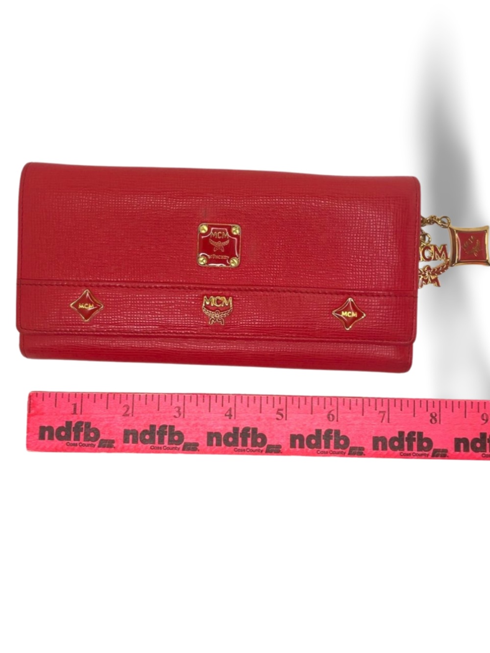 MCM Red Leather Long Wallet Gold Hardware Logo Charm Continental Wallet - Picture 14 of 15